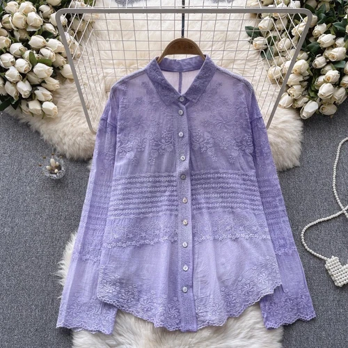 Lady Blouse Shirt Top Lace Floral Embroidery Button Ethnic Long Sleeve Basic New - Picture 9 of 31