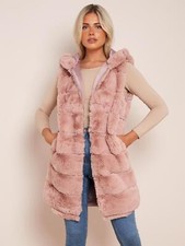 Womens Fuax Fur Gilet Pink Sleeveless Jacket Hooded Sizes 10 12 14 16 8