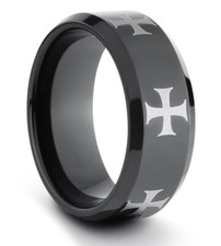 TungstenMasters 9MM Tungsten Mens Polished Black Iron Cross Wedding Band Ring