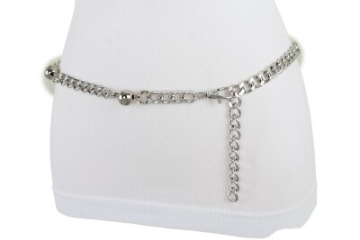 Women Fashion Belt Silver Metal Chain Link Ball Charm Hip High Waist Size XS S M