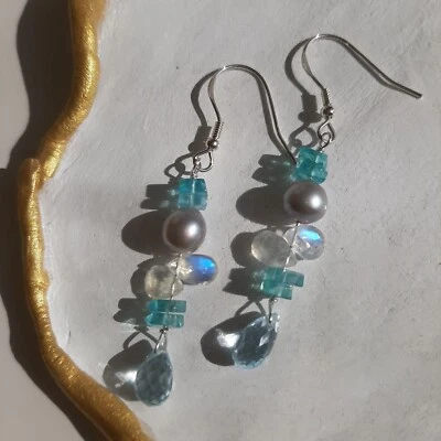 boucles d'oreilles dormeuse argent pierre précieuse topaze lune apatite perle  - Photo 1/4
