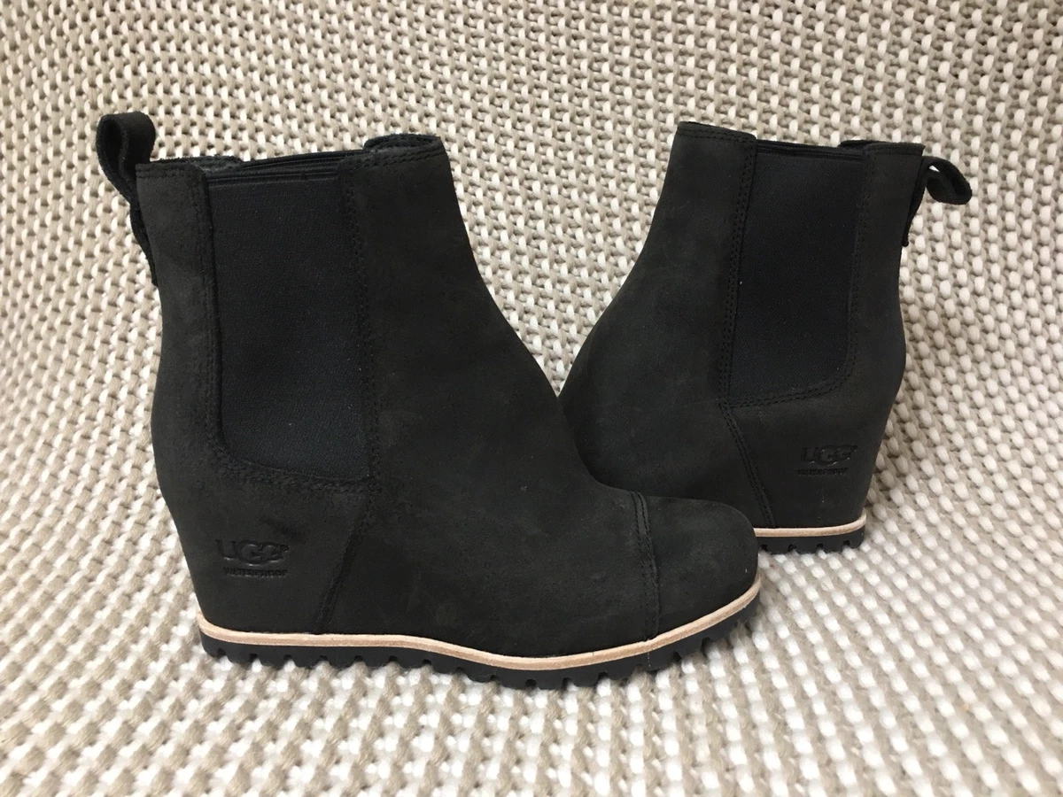 UGG PAX BLACK WATERPROOF LEATHER CHELSEA WEDGE ANKLE BOOTS SIZE 9 WOMENS