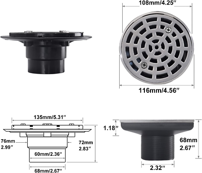 4 1/4" Shower Drain Round Brushed Nickel, Removable Grille