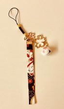 Japanese Maneki Neko Lucky Cat Cherry Blossom Strap Keychain Netsuke Bell Charm