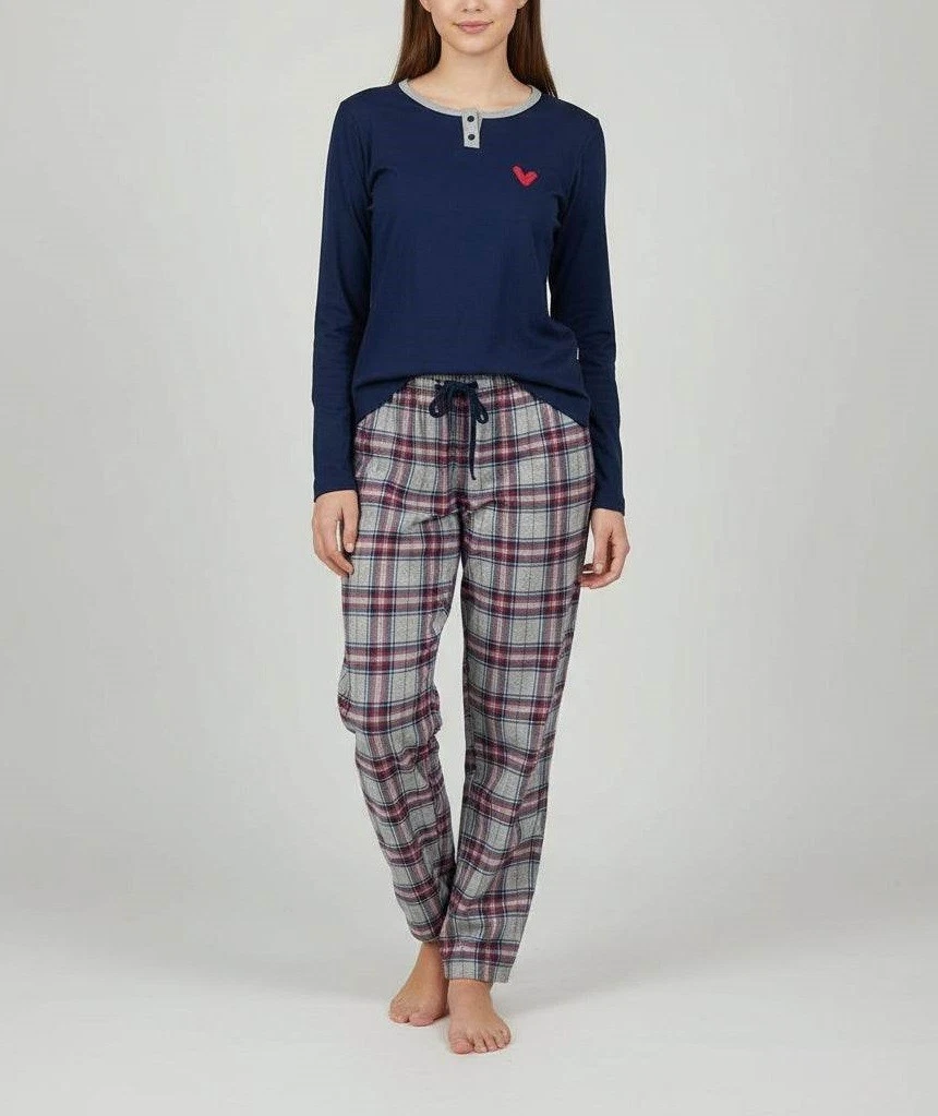 Pigiama Donna Cotone Completo da Pigiama da Pigiama a Maniche Lunghe in Due Pezzi con Stampa Scozzese con Bottoni a Risvolto Casual da Donna Tris Pigiama Famiglia Natale Pyjama Donna Lovable (C, L