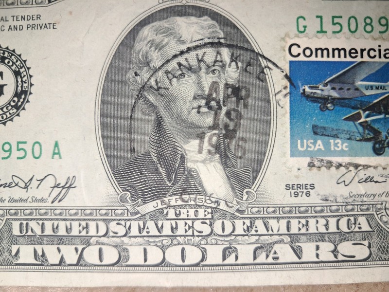 1976 $2 TWO Dollar Kankakee IL Stamp Note old u.s. currency Chicago Illinois