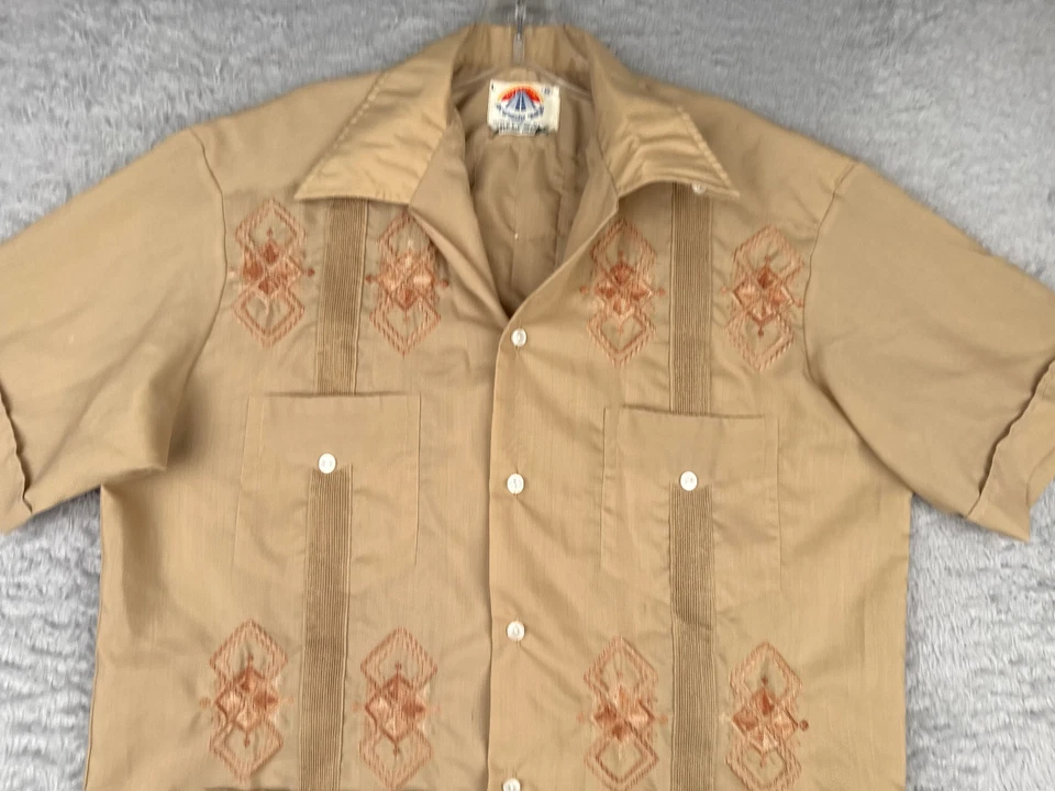 Piramide Maya Guayabera Shirt Adult Large Beige Polyester Cotton Blend 4 Pocket - Image 4 of 4