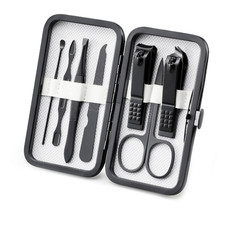 7 Piece Stainless Steel Manicure Kit Black Travel Grooming Set Nail Clipper Case