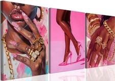 Black Girl Wall Art Set of 3 Pink Fashion Black Woman Canvas Wall Decor Pictu...