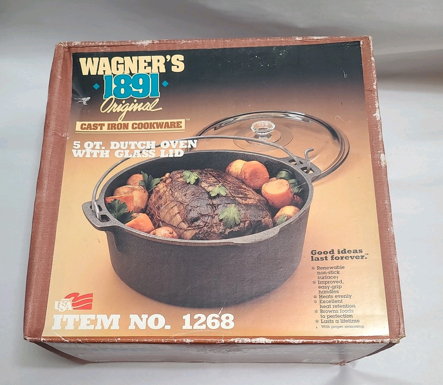 Vtg Wagner Cast Iron 5 Qt Dutch Oven 1268 With Pyrex Glass Lid New In Sealed Box