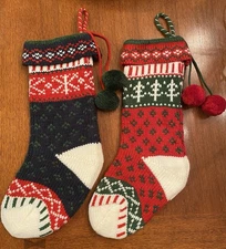 Set Of 2 Target Wondershop Fair Isle Knit Snowflake Christmas Stockings Pom Poms