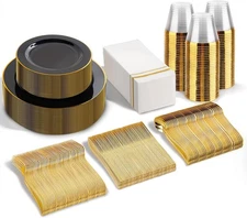  350-Piece Black and Gold Disposable Plates - Elegant Plastic Dinnerware 