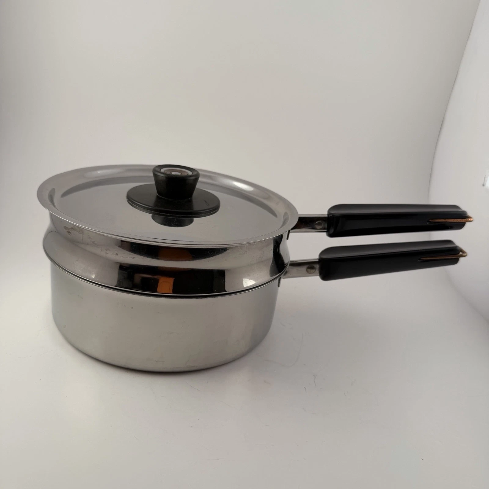 Vtg Revere Ware Sauce Pan & Double Boiler w/Lid Stainless Steel Copper Core