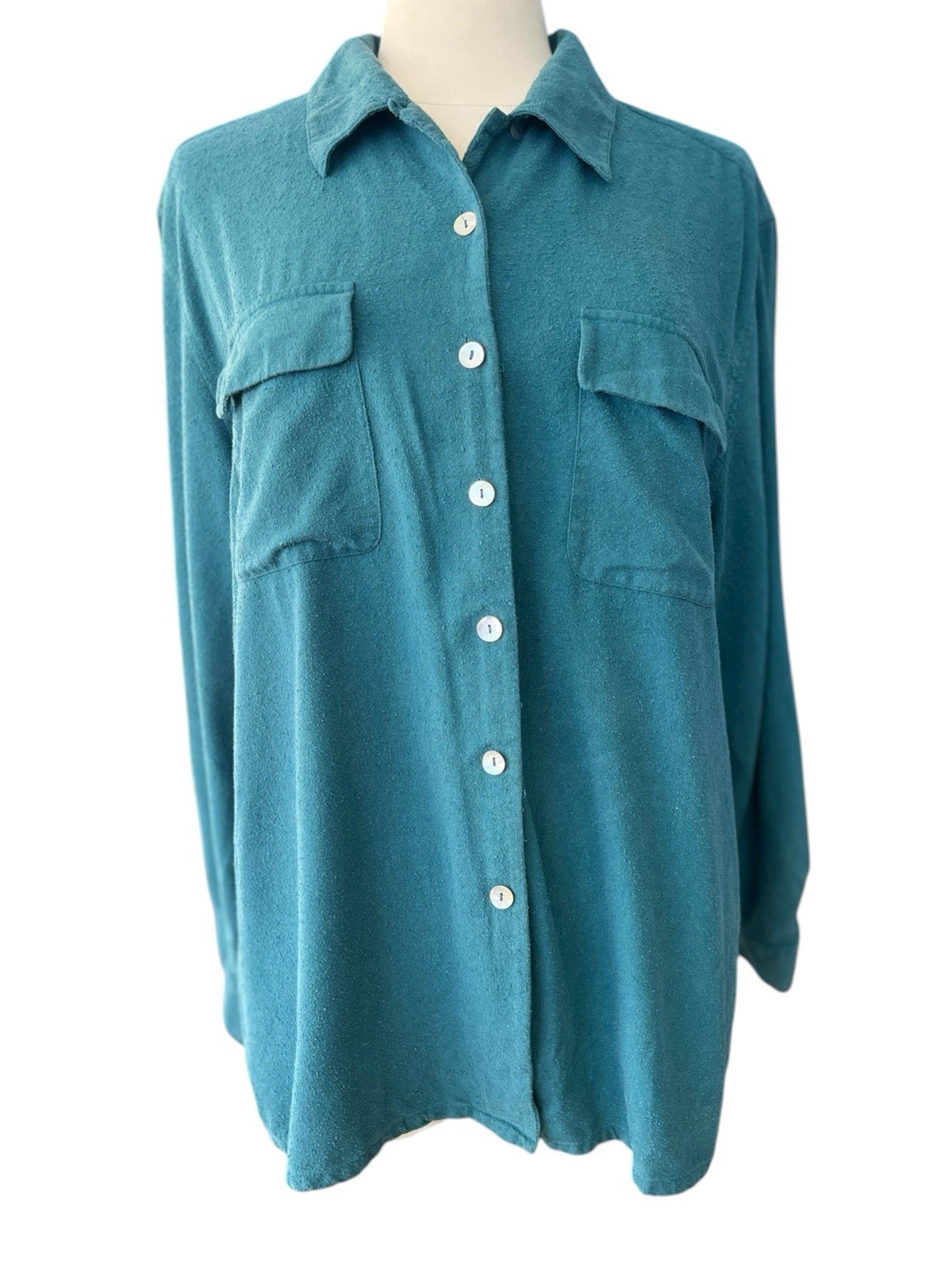 Vtg Y2K Park Central Brushed Silk Button Up Roll Tab Teal Top Size XXL Safari