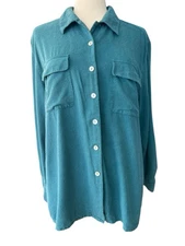 Vtg Y2K Park Central Brushed Silk Button Up Roll Tab Teal Top Size XXL Safari