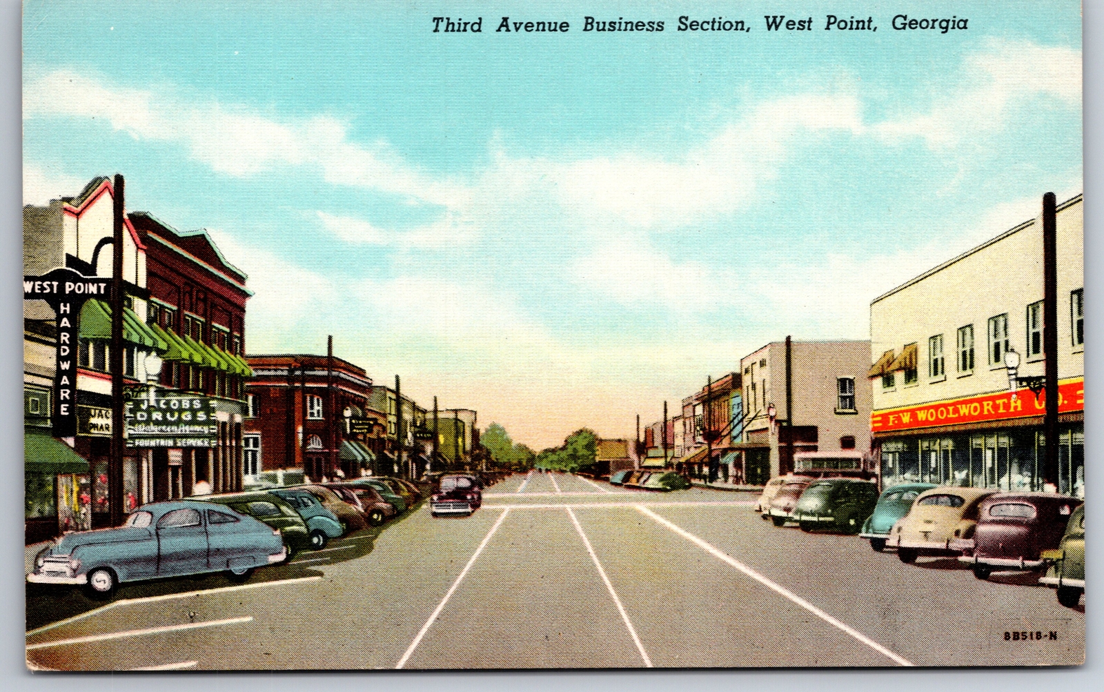 West Point Georgia~Third Avenue~Woolworth~Downtown Shopping~Linen Postcard