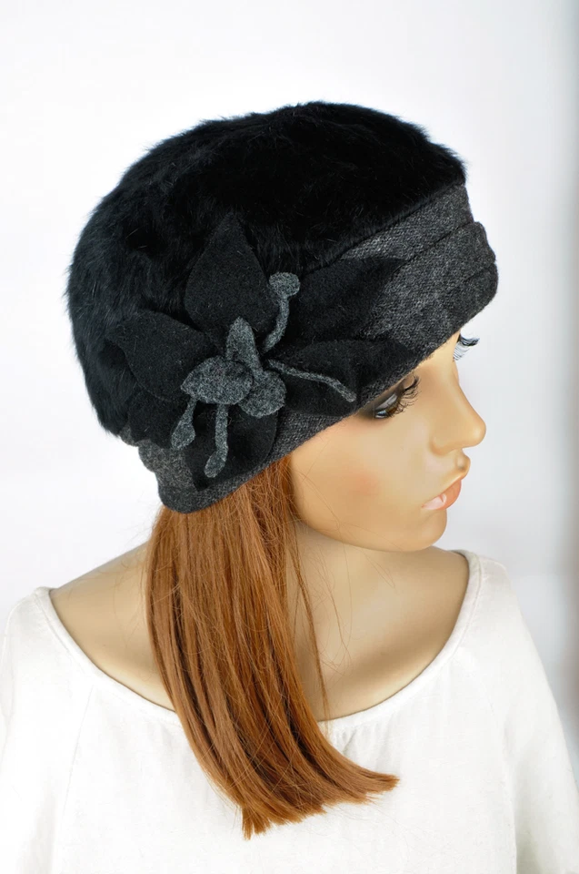 NM318 Negro y Gris Precioso Flor Mezcla Lana Invierno Sombrero Gorra Boina Gorro ESQUÍ Nuevo Foto 4 de 4