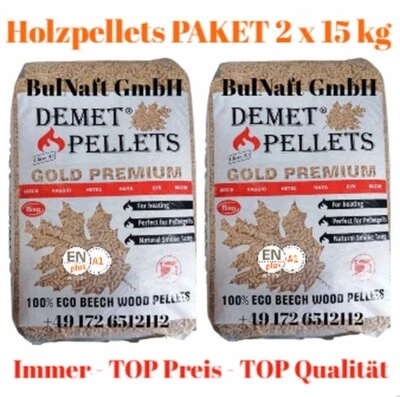 DEMET PELLETS 2x15kg HartHolz Pellets GOLD Buche Klasse A1 - BBQ zum Grillen Räuchern Smoken