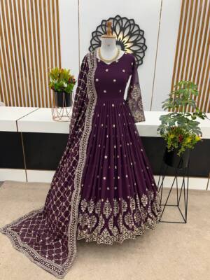 Purple Heavy Faux Georgette Gown With Dupatta For Engagement And Party Wear  | eBay