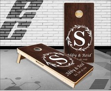 Family Name Wreath Dark Wood 2 Cornhole Boards Bean Bag Toss Game
