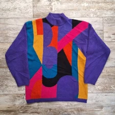 Vintage Colorful Wool Sweater Womens M Angora Blend Art To Wear Abstract 90s Y2K