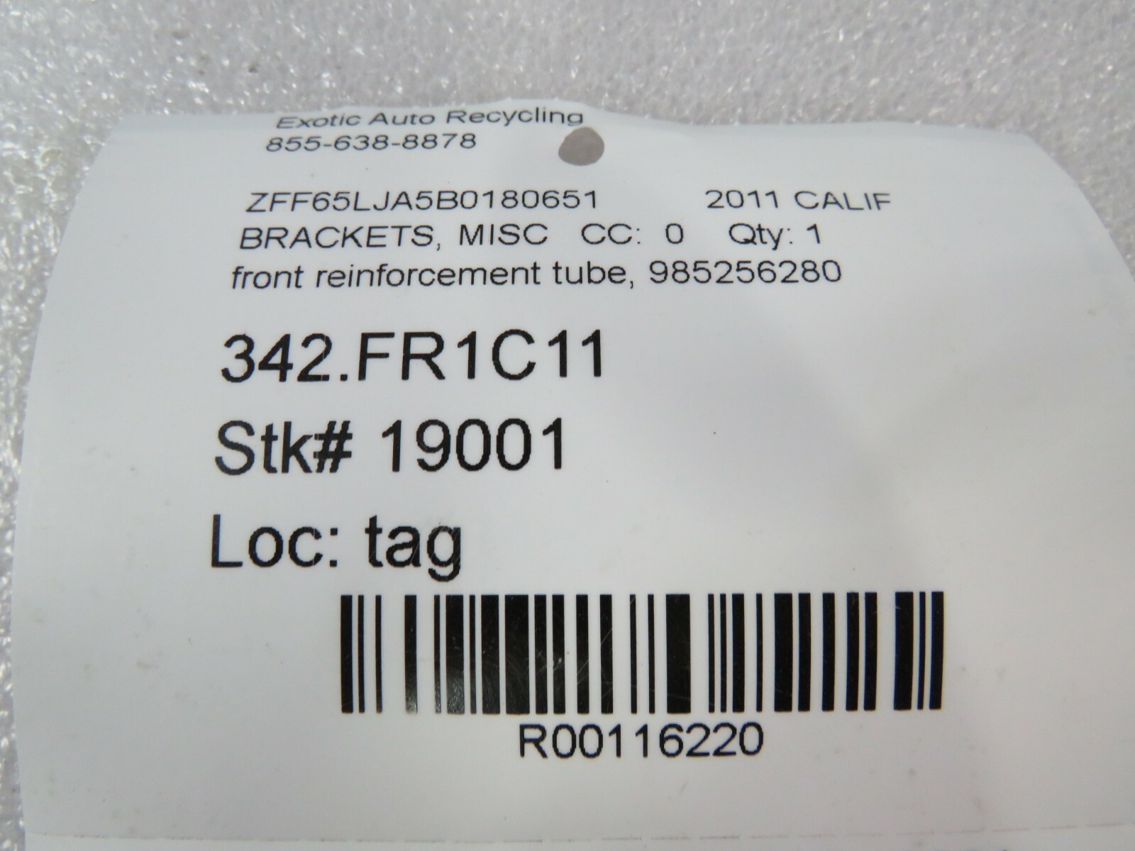 Ferrari California, Front Reinforcement Bracket Tube, Used P/N 985256280