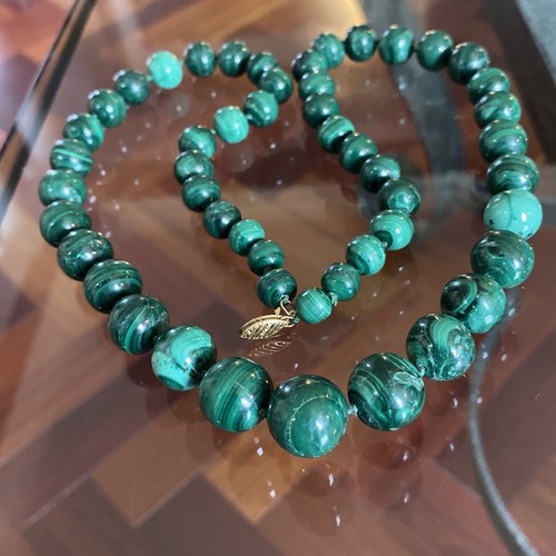 Vintage Hand Turned Malachite Graduated Necklace w/ 14k Yellow Gold Clasp - 26”