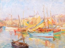 Edmond Marie PETITJEAN tableau paysage impressionniste Sables d'Olonne bateaux