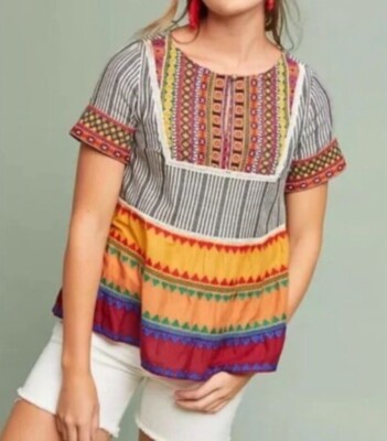 Anthropologie Akemi + Kin Tarapoto Top Embroidered Boho Size Small Festival Red