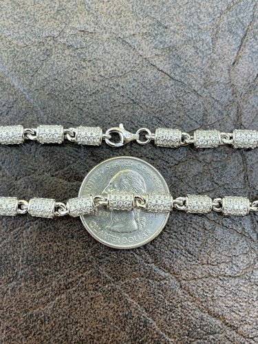 Men Barrel Chain Real Solid 925 Silver Iced Flooded Out CZ Hip Hop Necklace - Picture 14 of 14