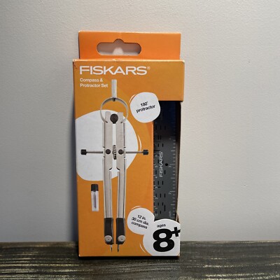 Fiskars Metal Protractor & Compass Set, Gray, 12 inch with Lead Refills, NEW