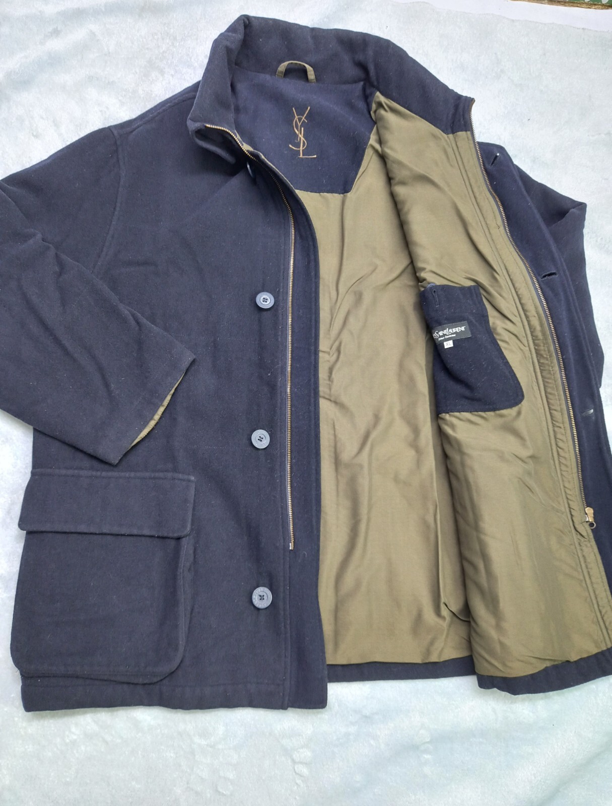 Cappotto Yves Saint Laurent YSL da uomo lana cappotto foderato logo blu taglia XL