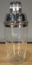 Vintage glass cocktail shaker with flower pattern and chrome lid free shipping