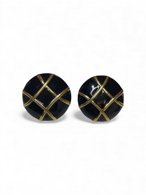 Courreges Paris Black Enamel And Gold Tone Round Clip On Earrings Vintage 80 s