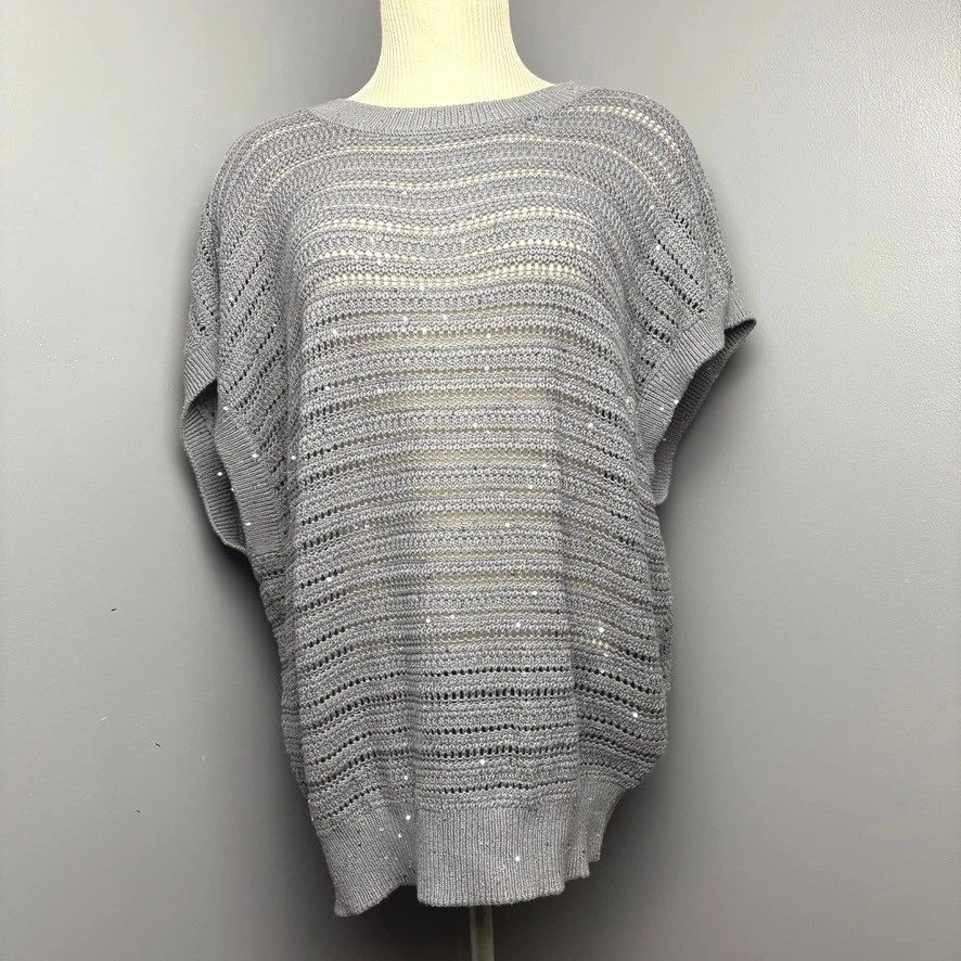 NWT Alfani Gray Sequin Women XXL Knit Sleeveless Sweater Top Open Weave Pullover - Image 2 of 4