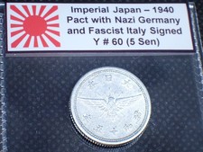 Beautiful Imperial Japan *1940* WW2 Coin - 5 Sen, Pact with Nazis Year, Y# 60