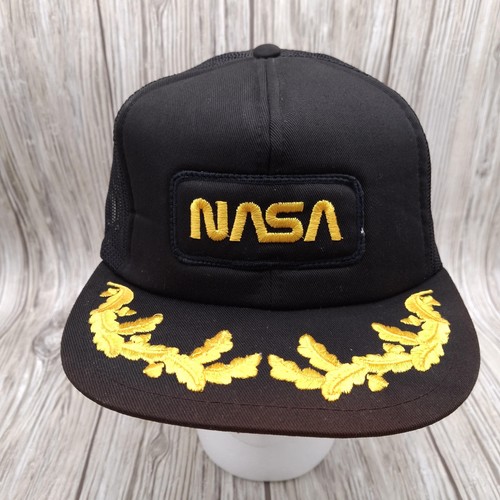 Vintage NASA Hat Cap Snap Back Mesh Trucker Patch Gold Embroidered Mens 80s