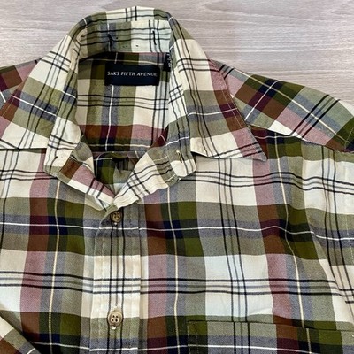 Vintage Saks Fifth Avenue Plaid Button-Down Shirt Men s Large Earth Tones Cotton