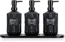 Shampoo and Conditioner Dispenser Set of 3 with Wooden Tray, Thick Glass Show...