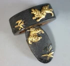 fuchi kashira shishi bamboo gold inlay nanako samurai Sword fitting tsuba Edo