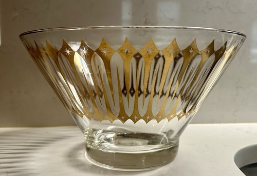 Vintage MCM Glass Ice Bucket Serving Bowl Gold Decorative Pattern Retro 10.5”
