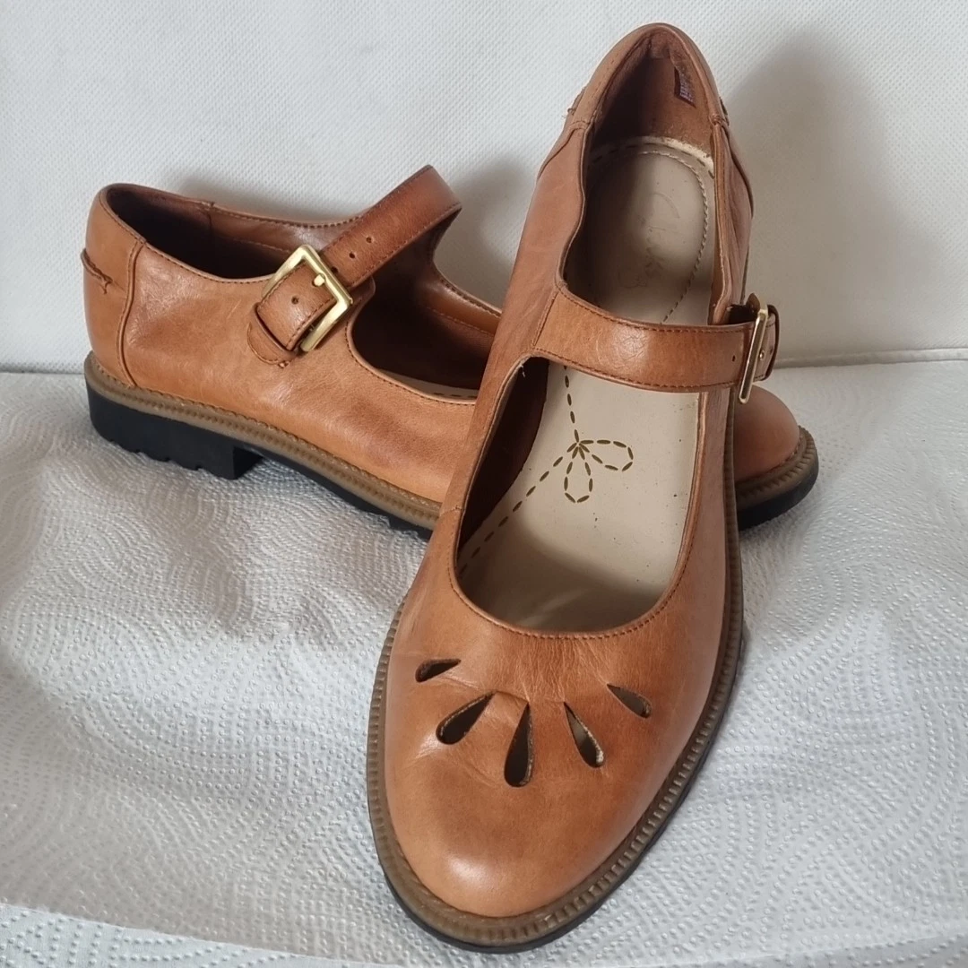 SCARPE BASSE CLARKS DONNA MARY JANE IN PELLE TAGLIA UK 5 5 D Tan Somerset vestibilità ampia