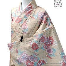 Wanko-Tei Wa13 Washable Kimono Pale Orange Floral Pattern Used Japan