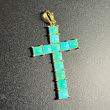 14k Yellow Gold Square Turquoise Cross Pendant Religious Jewelry