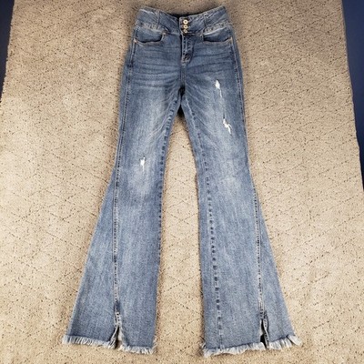 Kancan Jeans Womens 5 Blue Bell Bottom Distressed Denim Hippie Festival