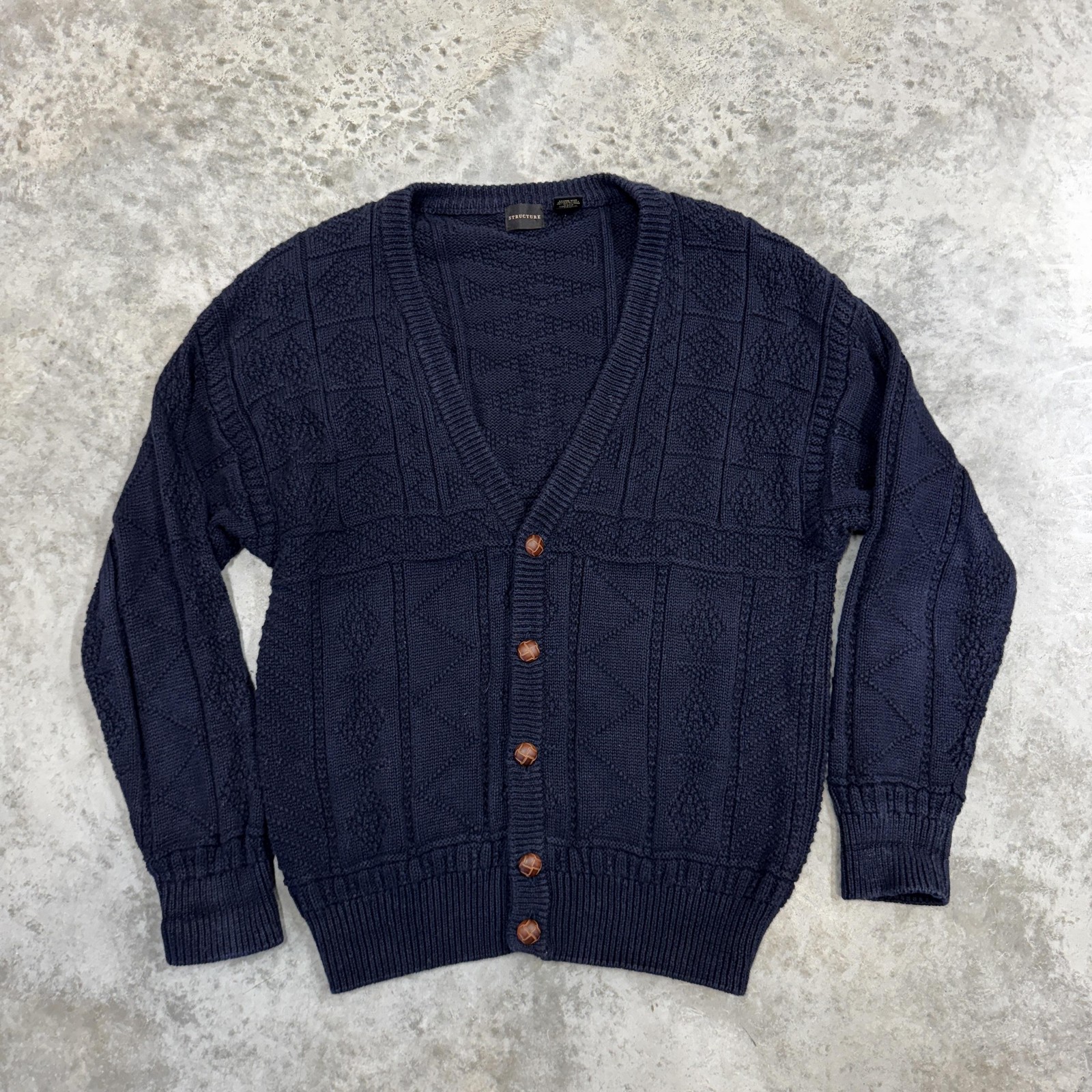 Vintage Structure Sweater Mens Medium Blue Cardigan V Neck Geometric Knit 90s