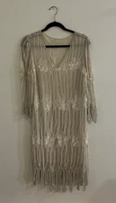 VTG 1920s Style Flapper S White Beaded Pearls Sequined Midi Dress V Neck # 8781