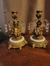 VTG Baroque Cherub Pair Candlesticks Crystal Ornate Gilt Brass Metal Marble 50s 