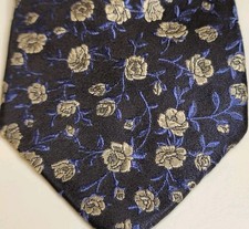 Paul Smith 100% Silk tie roses leaves navy blue silver