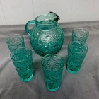 Vintage ANCHOR HOCKING LIDO MILANO Aqua Teal Blue BALL PITCHER w/GLASSES- NICE!